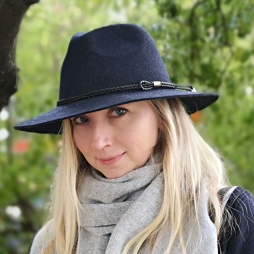 100% Wool Unisex Classic Fashionable Fedora Hat in Navy Blue Marl Colour Handmade in Tasmania, Australia by Grizzly Hatters, small and big sizes 