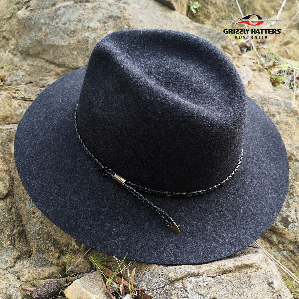 100% Wool Unisex Classic Fashionable Fedora Hat in Charcoal Black Marl Colour Handmade in Tasmania, Australia by Grizzly Hatters, small and big sizes 