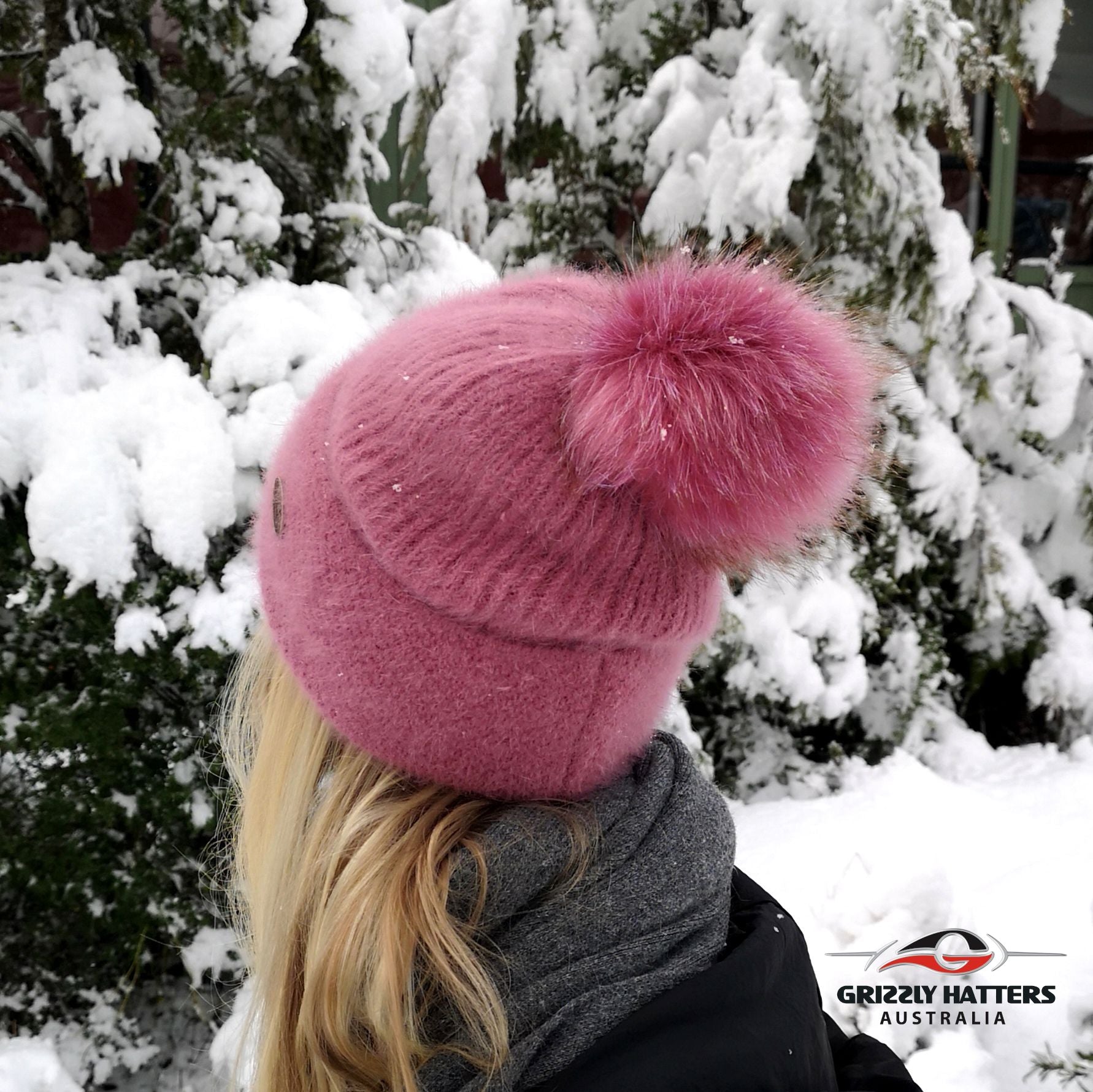 Merino & Angora Wool blend Pompom Beanie with fleece lining pink colour by Grizzly Hatters Australia