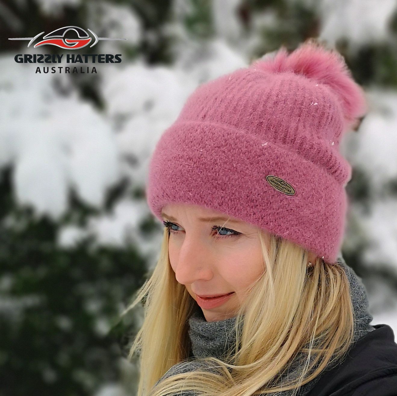 Merino & Angora Wool blend Pompom Beanie with fleece lining pink colour by Grizzly Hatters Australia