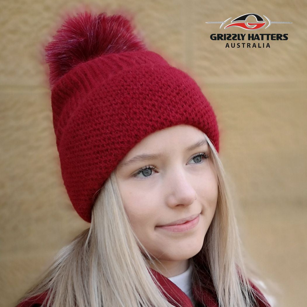 Merino & Angora Wool blend Pompom Beanie with fleece lining Red Colour
