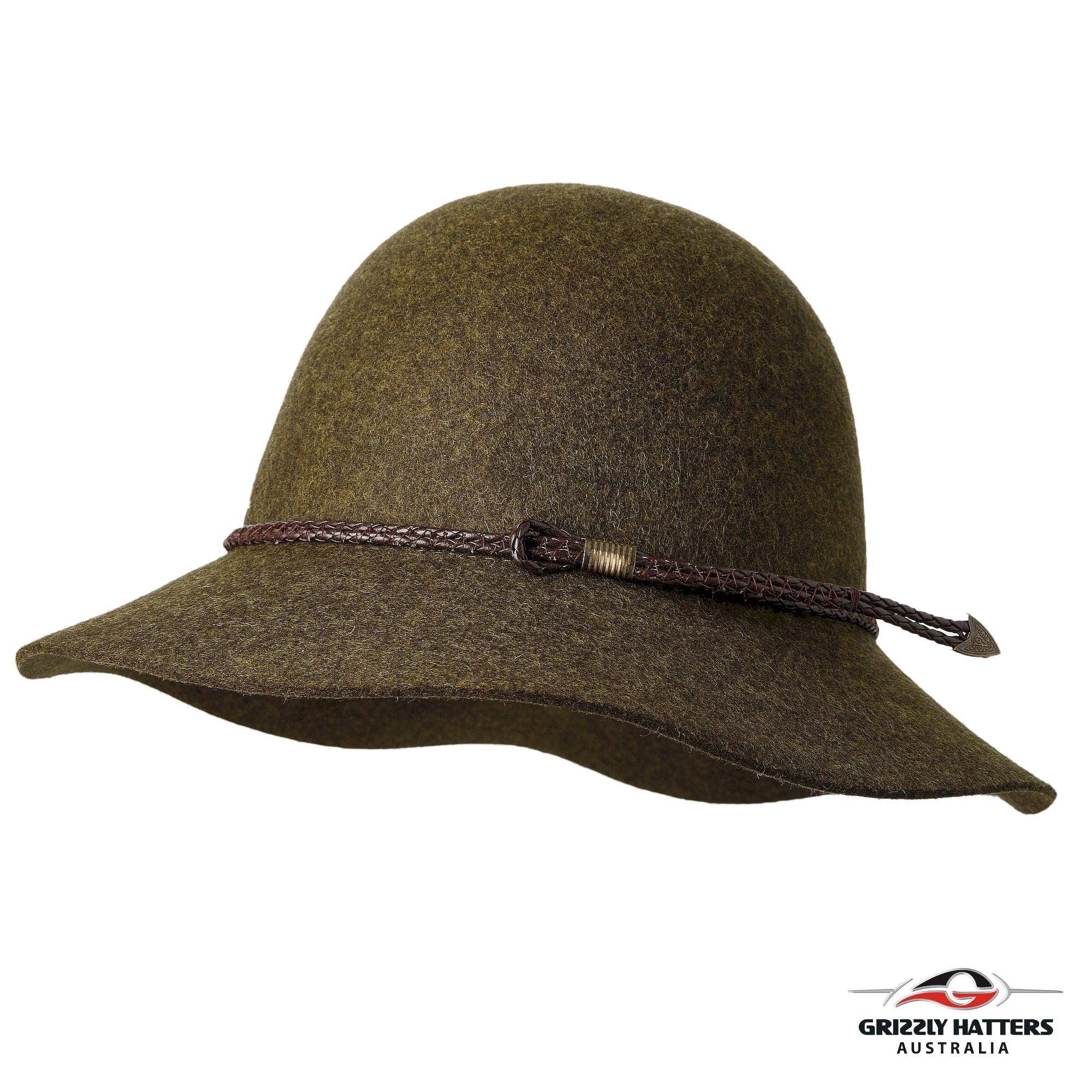 BRUNY HAT Australian merino wool hat in classic medium size brim design. Green marl color with a choice of brown or black leather braid. One size fits most, adjustable band for sizes from 55 to 59cm. Handmade in Tasmania by Grizzly Hatters (Salamanca Market Hobart)
