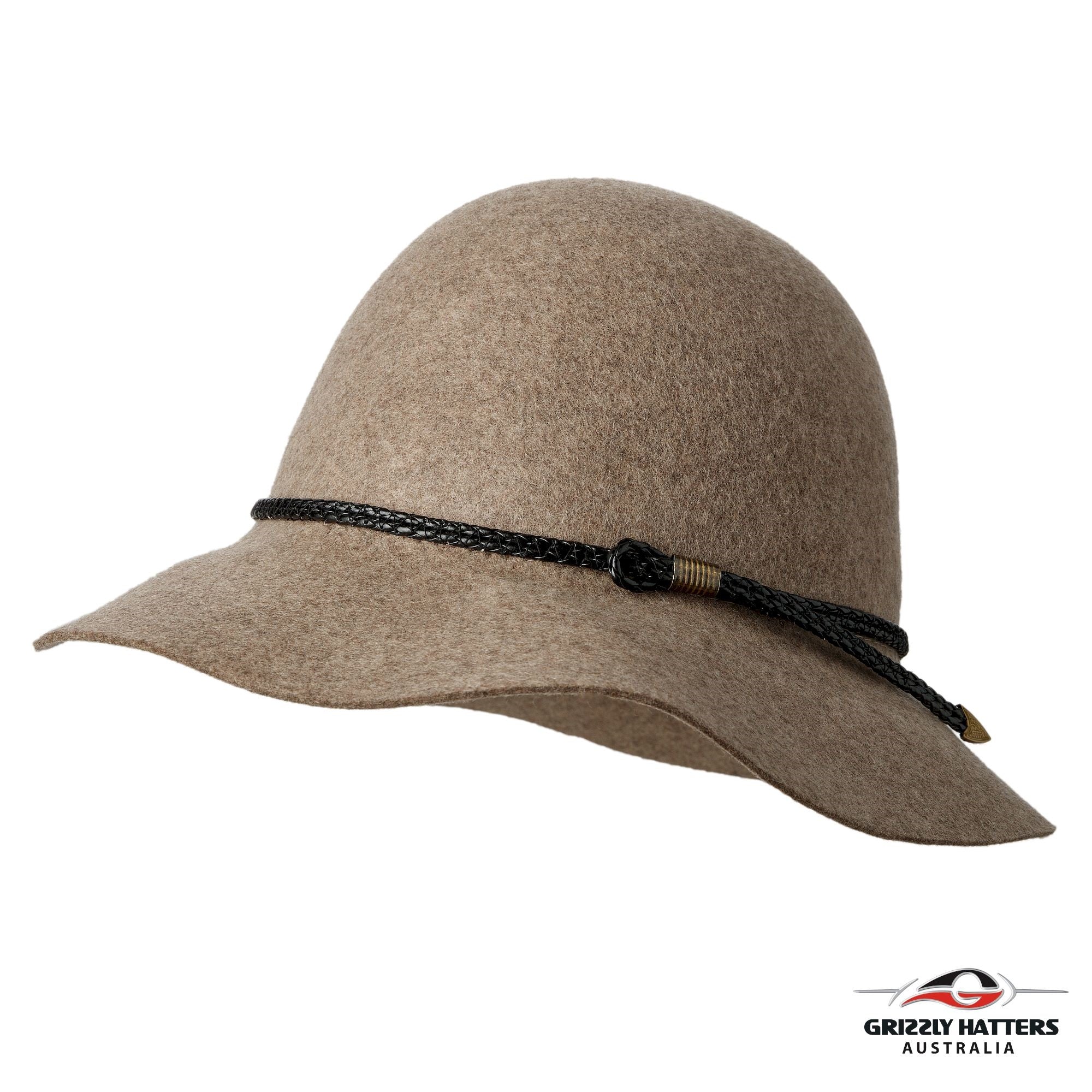 BRUNY HAT Australian merino wool hat in classic medium size brim design. Sand marl color with a choice of brown or black leather braid. One size fits most, adjustable band for sizes from 55 to 59cm. Handmade in Tasmania by Grizzly Hatters (Salamanca Market Hobart)