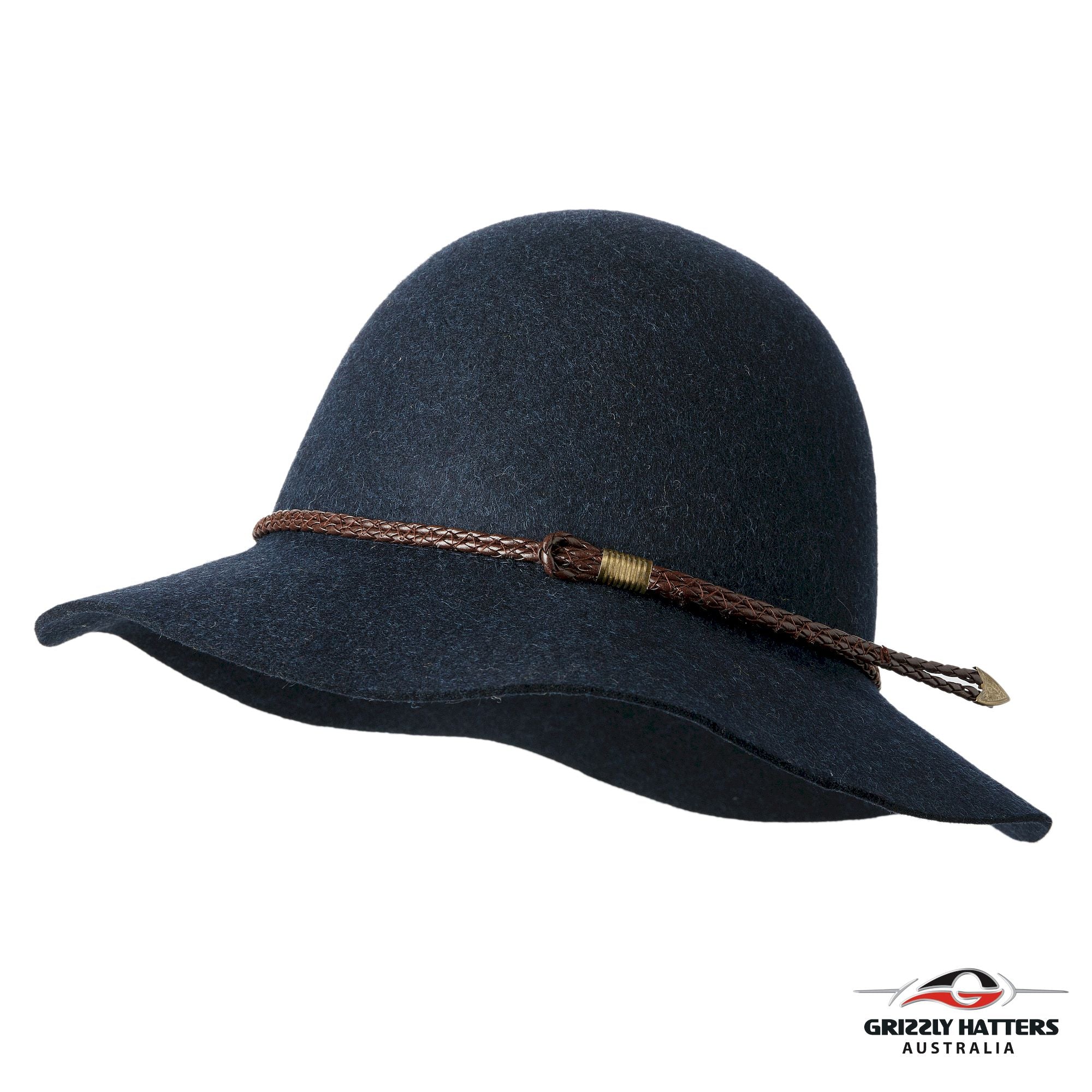 BRUNY HAT Australian merino wool hat in classic medium size brim design. Blue marl color with a choice of brown or black leather braid. One size fits most, adjustable band for sizes from 55 to 59cm. Handmade in Tasmania by Grizzly Hatters (Salamanca Market Hobart)