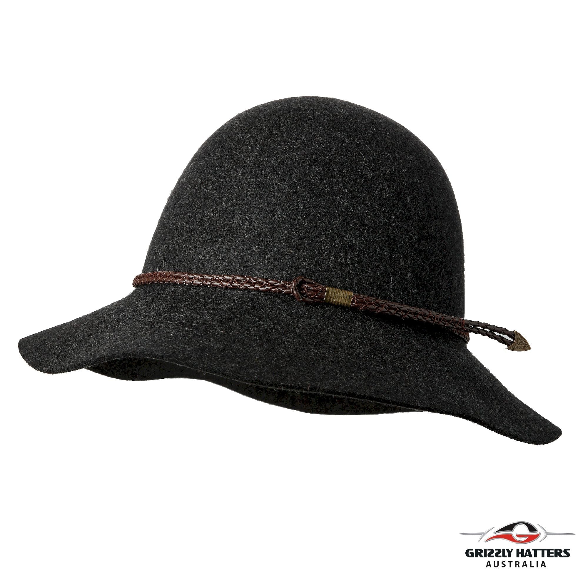 BRUNY HAT Australian merino wool hat in classic medium size brim design. Charcoal marl color with a choice of brown or black leather braid. One size fits most, adjustable band for sizes from 55 to 59cm. Handmade in Tasmania by Grizzly Hatters (Salamanca Market Hobart)