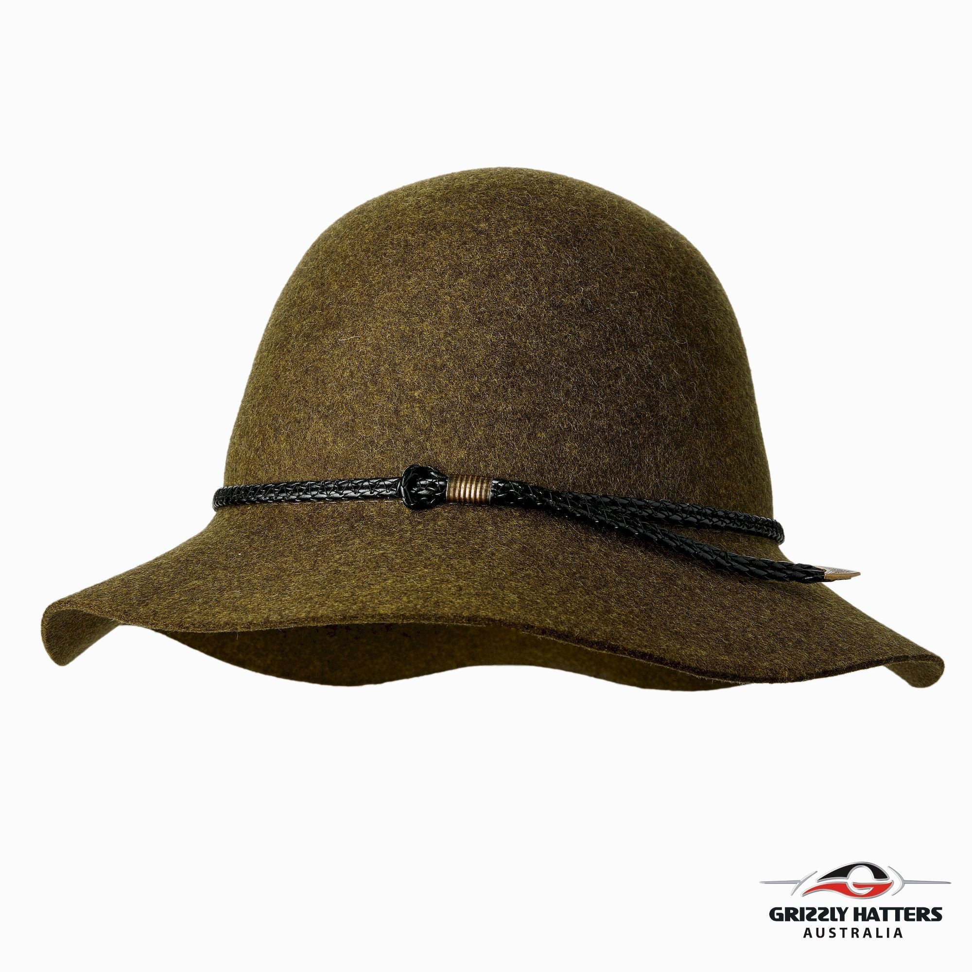 BRUNY HAT Australian merino wool hat in classic medium size brim design. Green marl color with a choice of brown or black leather braid. One size fits most, adjustable band for sizes from 55 to 59cm. Handmade in Tasmania by Grizzly Hatters (Salamanca Market Hobart)