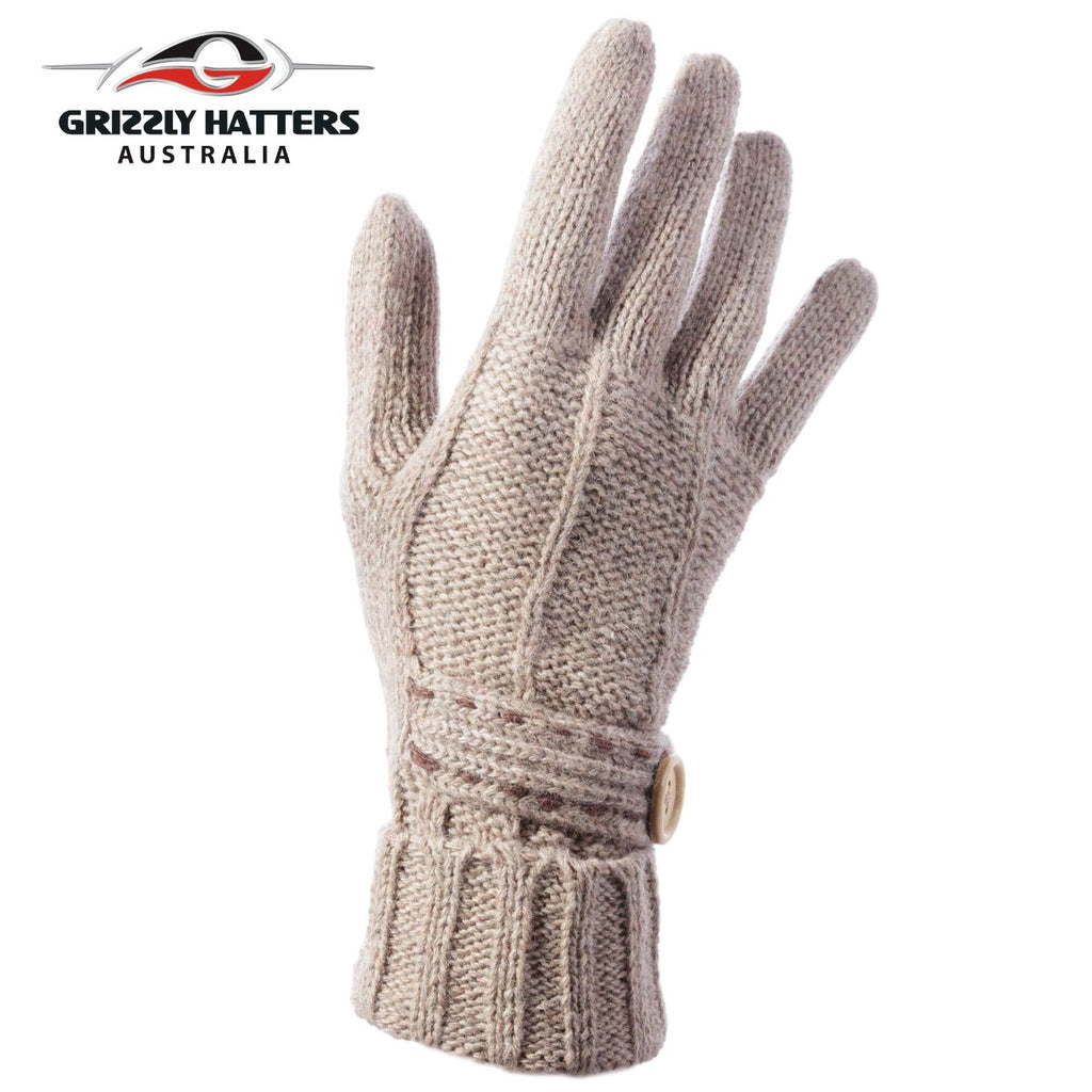 Merino wool gloves button design beige colour by Grizzly Hatters