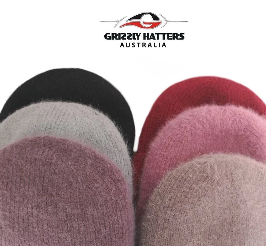 Merino and Angora wool blend beanie with fleece lining black pink purple red brown grey