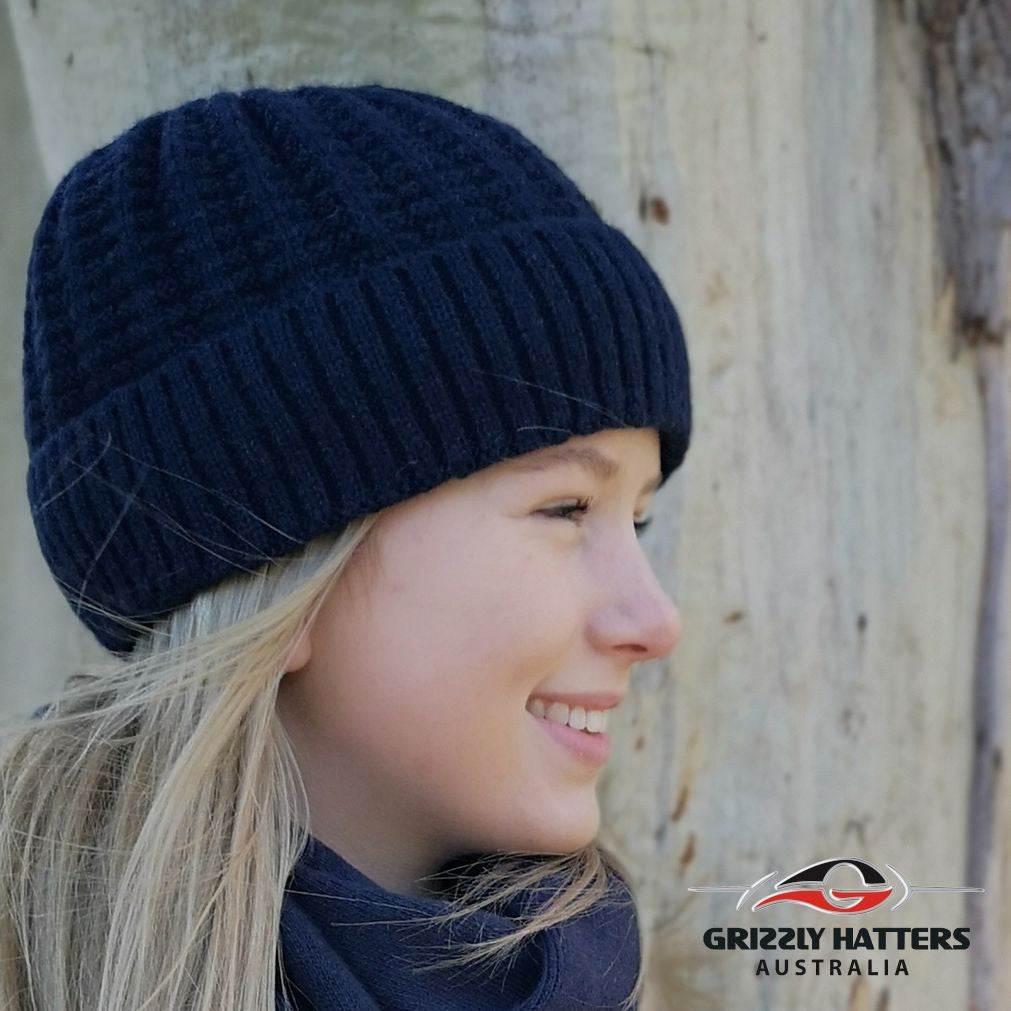 Australian Merino Wool blend Beanie with fleece lining navy colour snug fit
