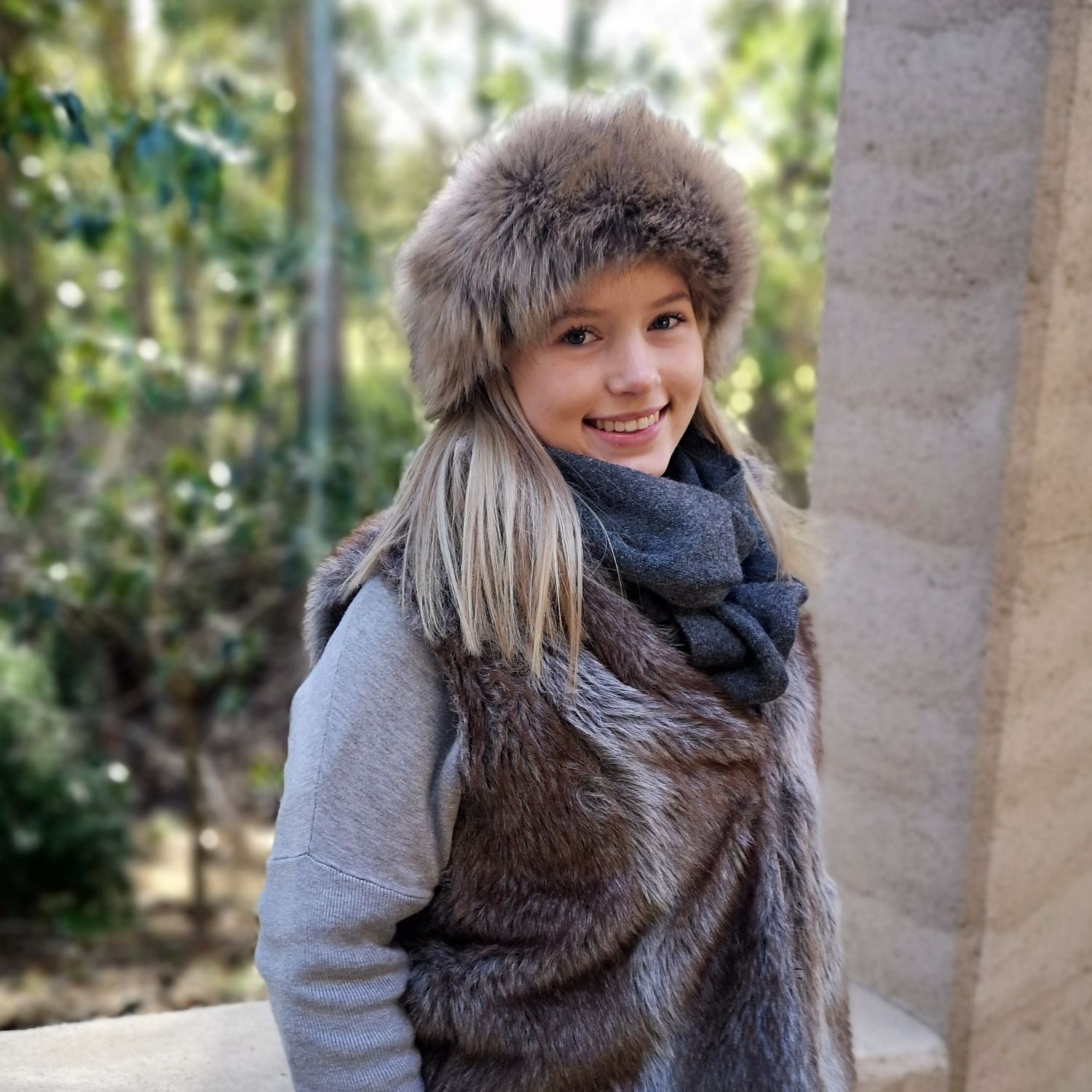 Faux Fur Hat Brown Grey Racoon Colour