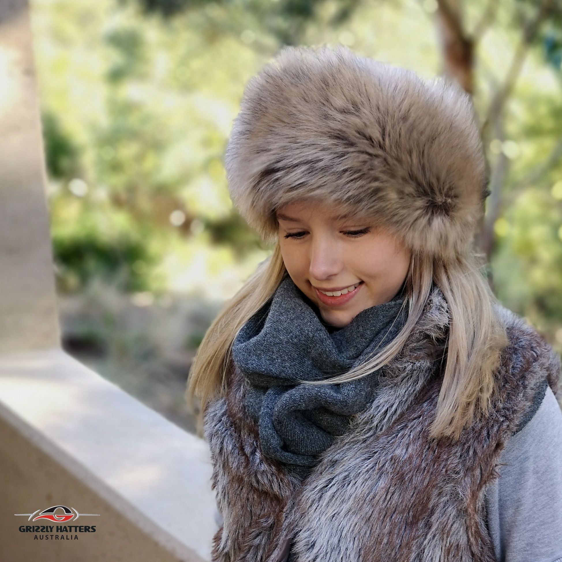 Faux Fur Hat Brown Grey Racoon Colour
