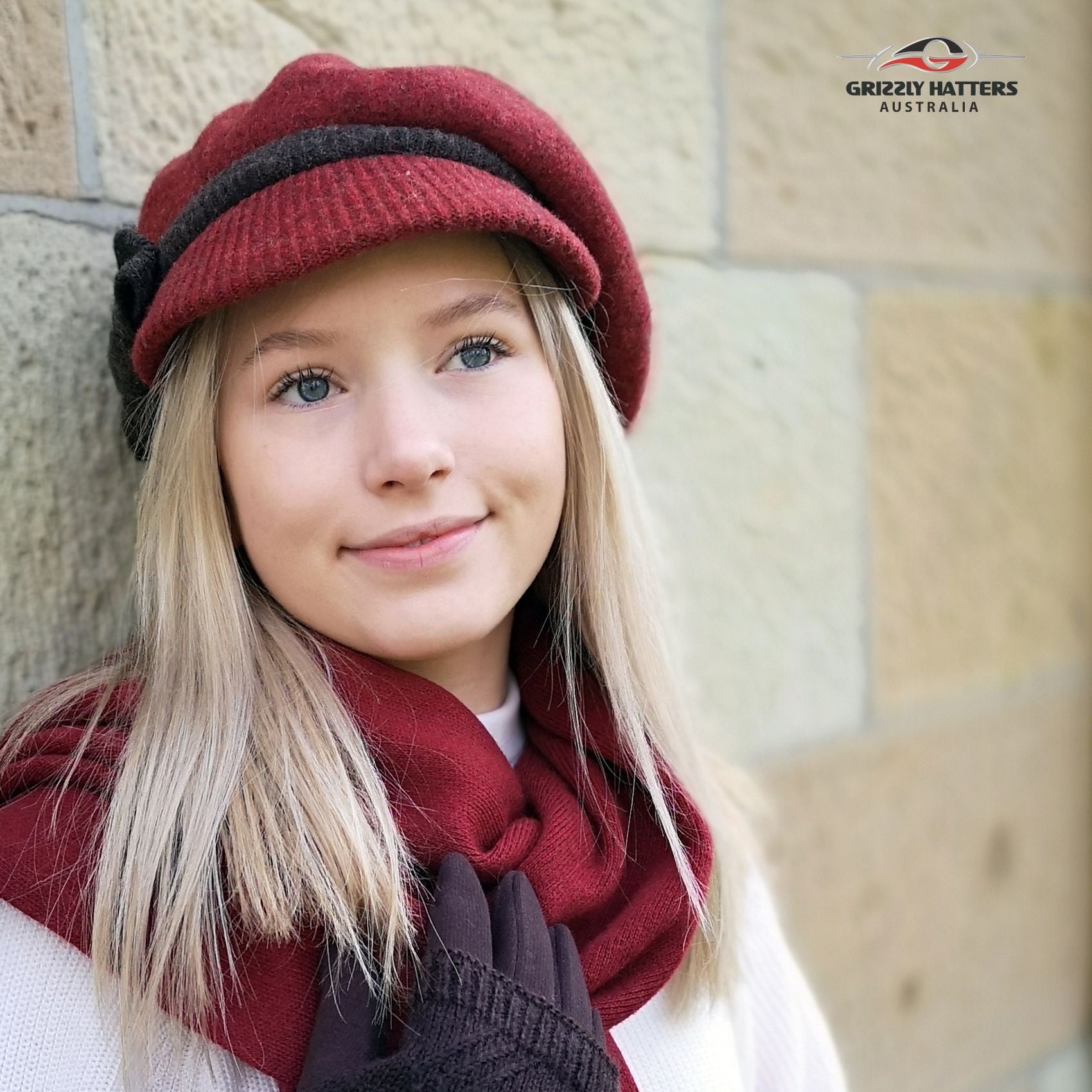 Ladies merino 100% Australian Wool Cap Beret with a peak in maroon and chocolate colour designed in Tasmania by Grizzly Hatters