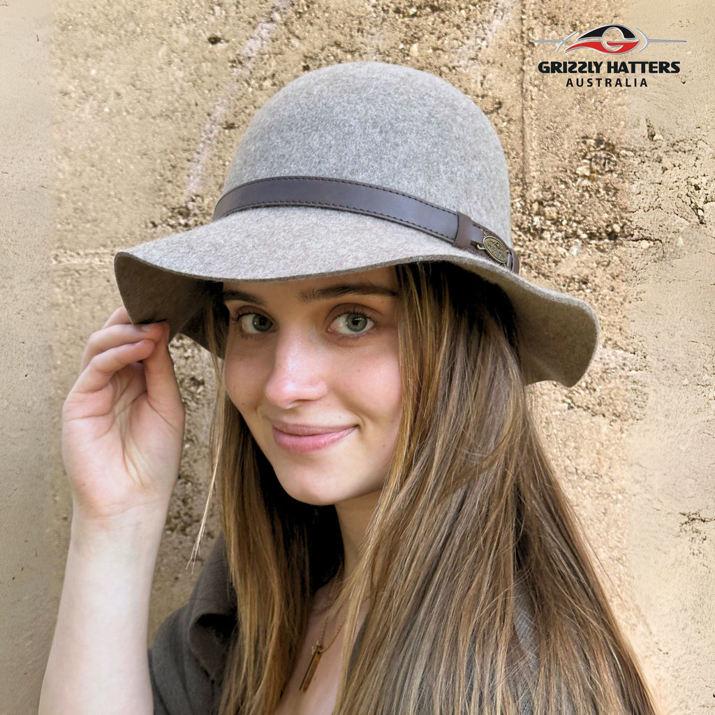 The Bruny cloche felt hat in beige stone color with adjustable size hand made in Australia