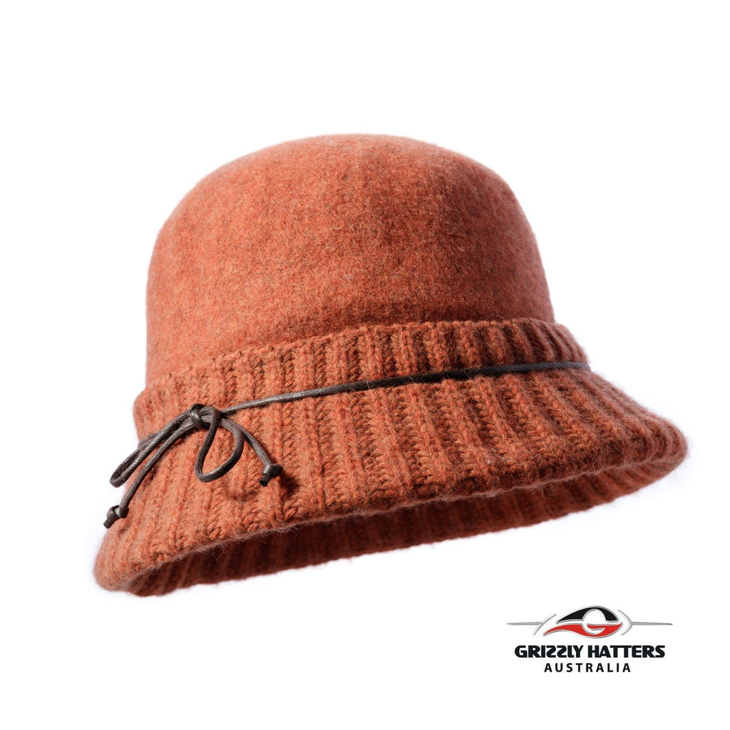 Foldable Cloche Australian Wool Hat 1920 style burnt orange colour