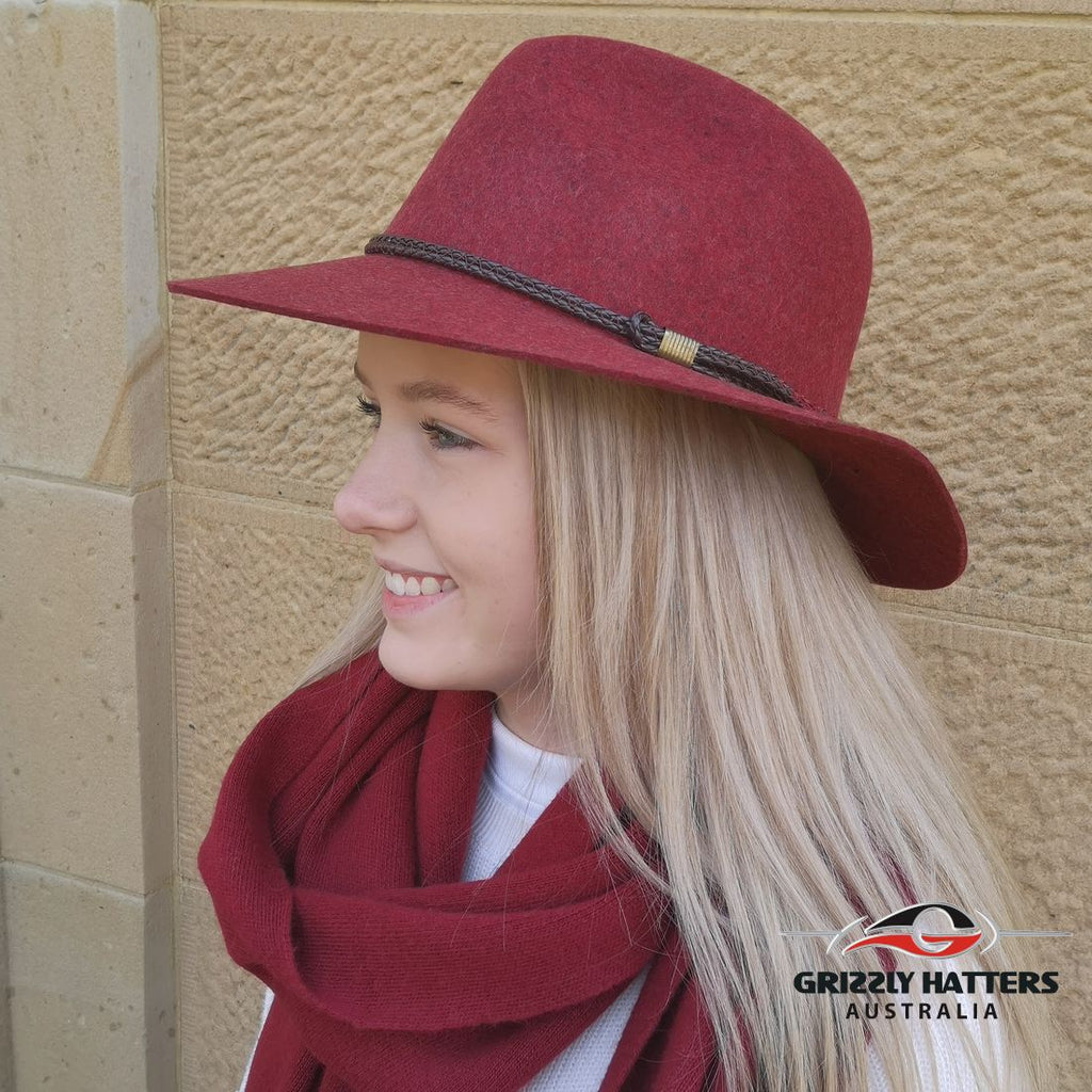 100% Wool Unisex Classic Fashionable Fedora Hat in Maroon Red Marl Colour Handmade in Tasmania, Australia by Grizzly Hatters, small and big sizes 