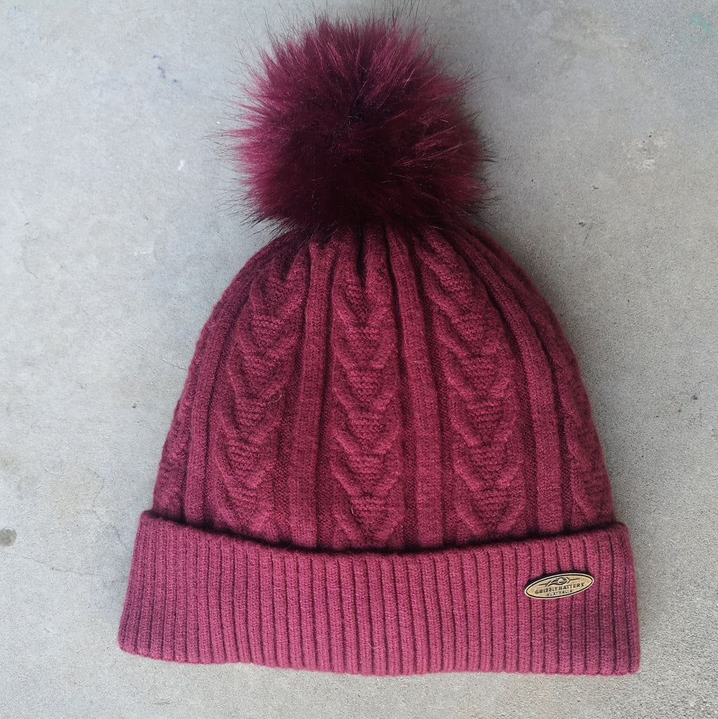 Merino wool blend Pom Pom Beanie with fluffy lining maroon red burgundy colour