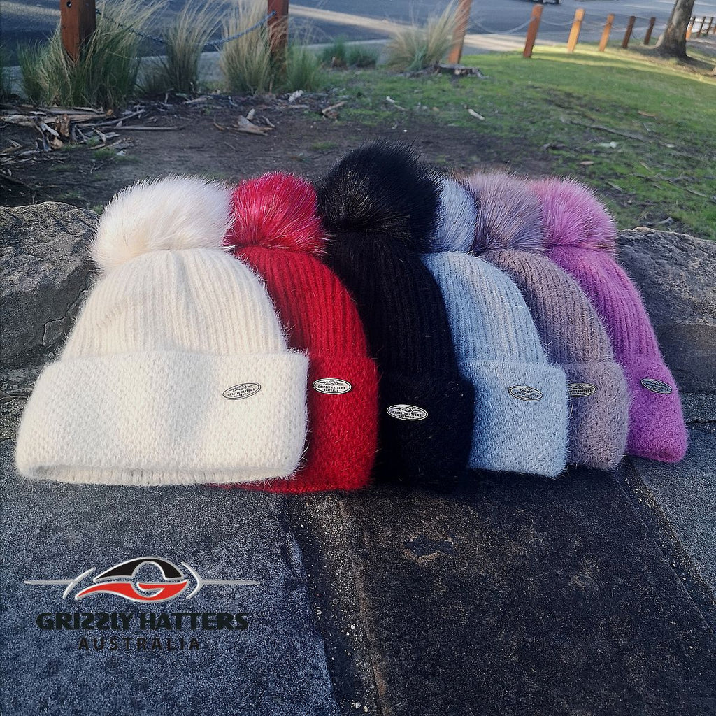 Merino & Angora Wool blend Pompom Beanie with fleece lining 6 colours by Grizzly Hatters Australia