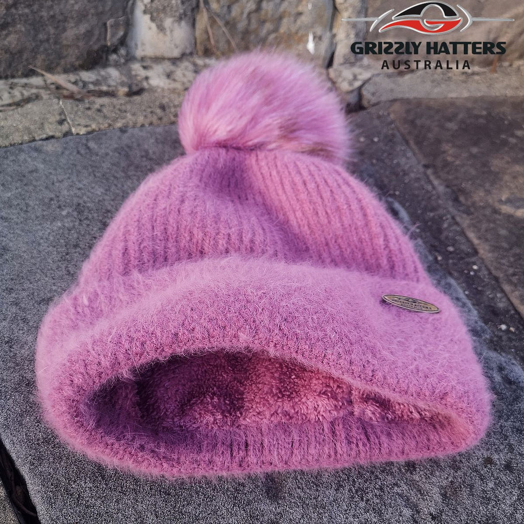 Merino & Angora Wool blend Pompom Beanie with fleece lining pink colour by Grizzly Hatters Australia
