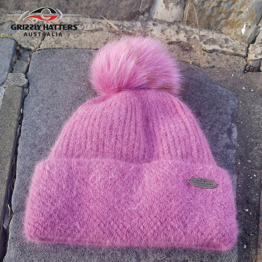 Merino & Angora Wool blend Pompom Beanie with fleece lining pink colour by Grizzly Hatters Australia