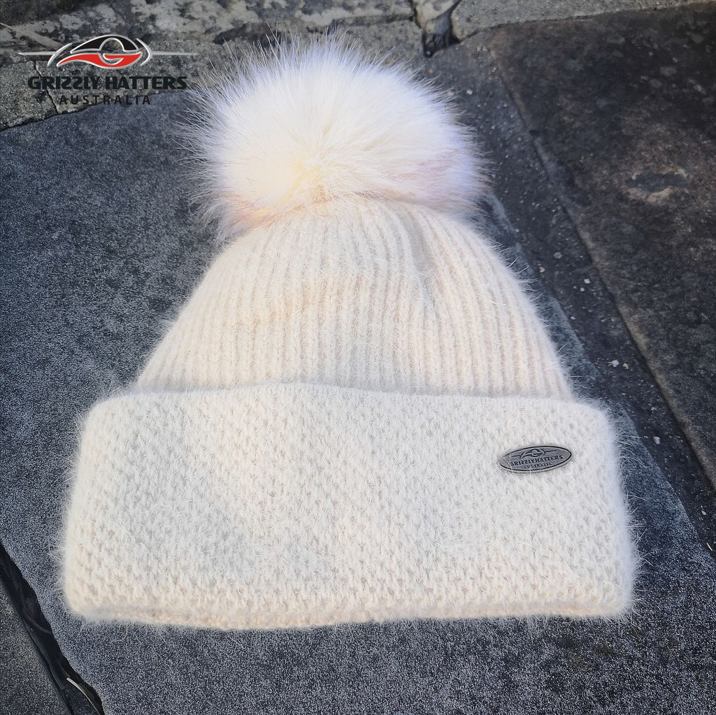 Merino & Angora Wool blend Pompom Beanie with fleece lining beige colour by Grizzly Hatters Australia