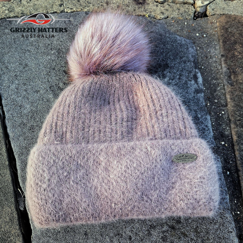 Merino & Angora Wool blend Pompom Beanie with fleece lining taupe colour by Grizzly Hatters Australia