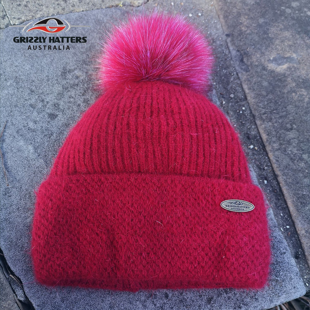 Merino & Angora Wool blend Pompom Beanie with fleece lining red colour by Grizzly Hatters Australia