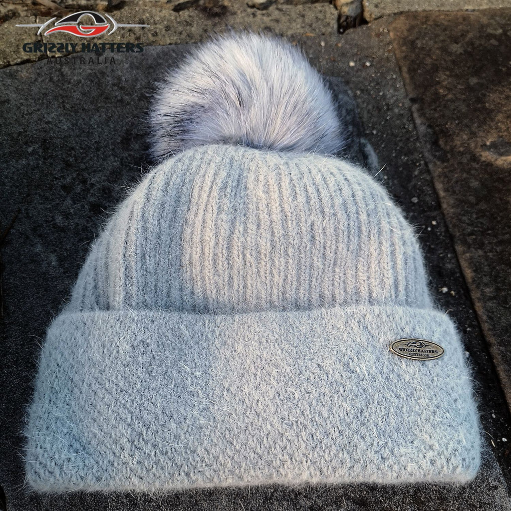 Merino & Angora Wool blend Pompom Beanie with fleece lining light grey colour by Grizzly Hatters Australia