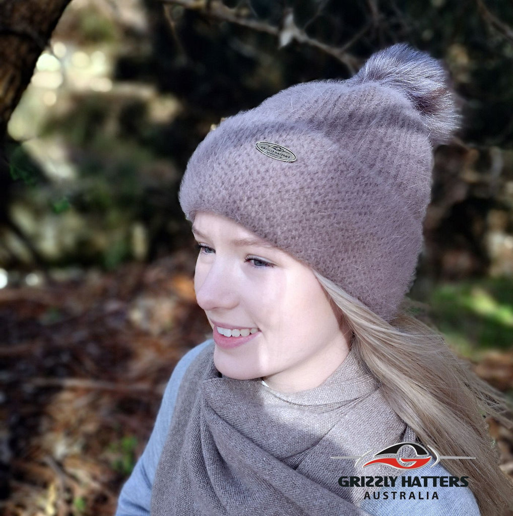 Merino & Angora Wool blend Pompom Beanie with fleece lining taupe colour by Grizzly Hatters Australia
