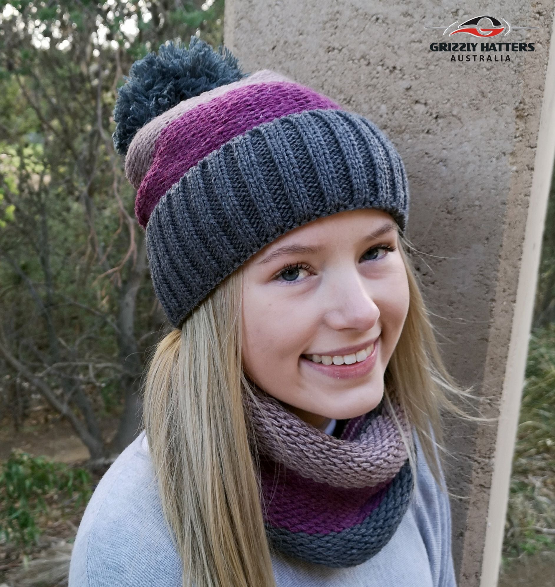 Merino wool blend Beanie & Scarf Set with fleece lining in grey/dusty pink colour designed in Tasmania Australia by Grizzly Hatters / Salamanca Market beanie and scarf