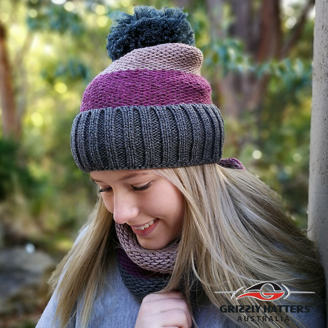 Merino wool blend Beanie & Scarf Set with fleece lining in grey/dusty pink colour designed in Tasmania Australia by Grizzly Hatters / Salamanca Market beanie and scarf