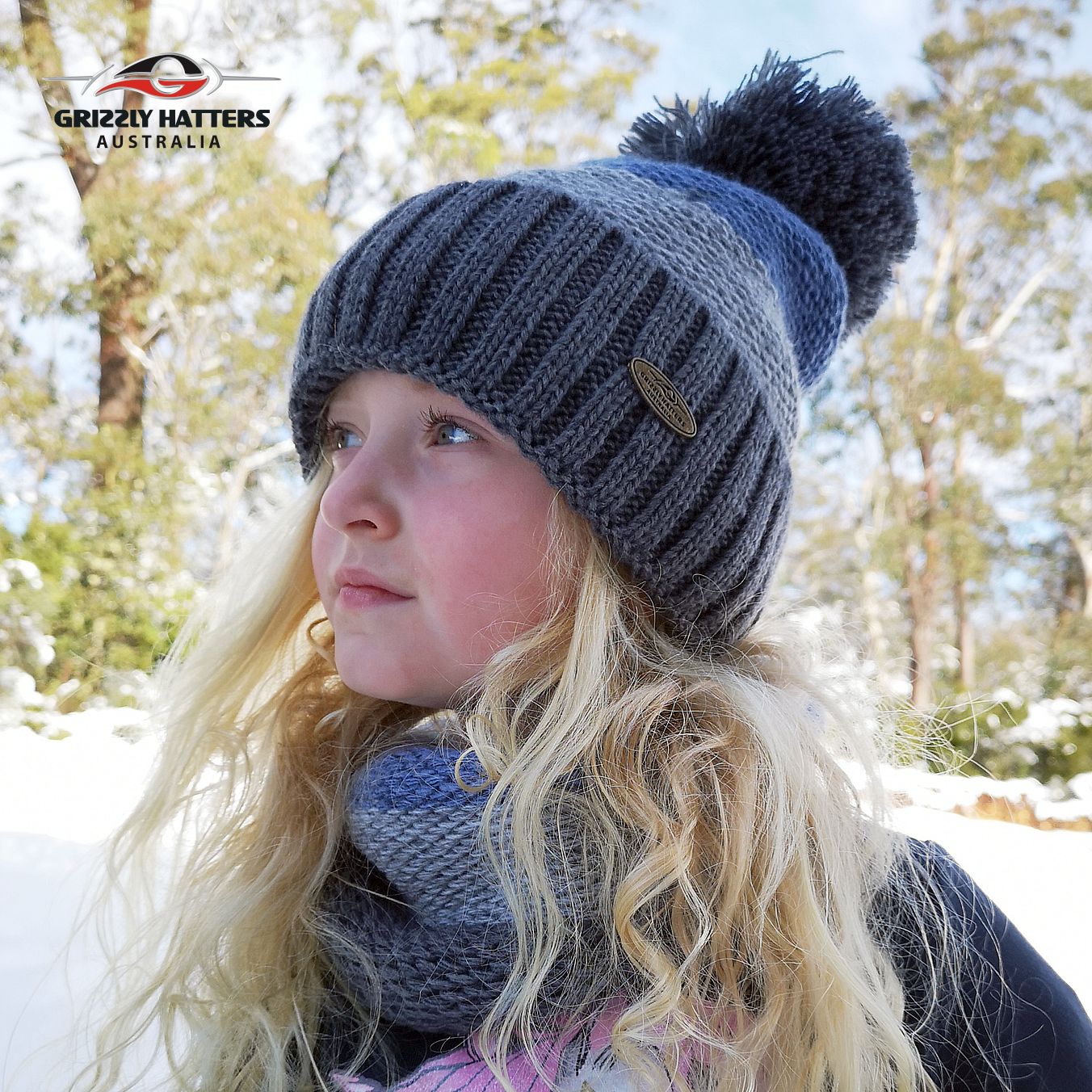 KIDS Merino wool & Acrylic blend Pompom Beanie & Loop Scarf Set with fleece lining Blue/Light Grey/Dark Grey Colour by Grizzly Hatters Australia Tasmania Salamanca Market