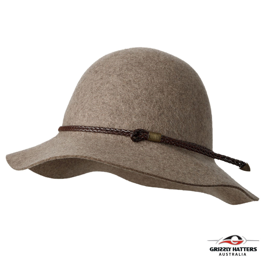 BRUNY HAT Australian merino wool hat in classic medium size brim design. Sand marl color with a choice of brown or black leather braid. One size fits most, adjustable band for sizes from 55 to 59cm. Handmade in Tasmania by Grizzly Hatters (Salamanca Market Hobart) 
