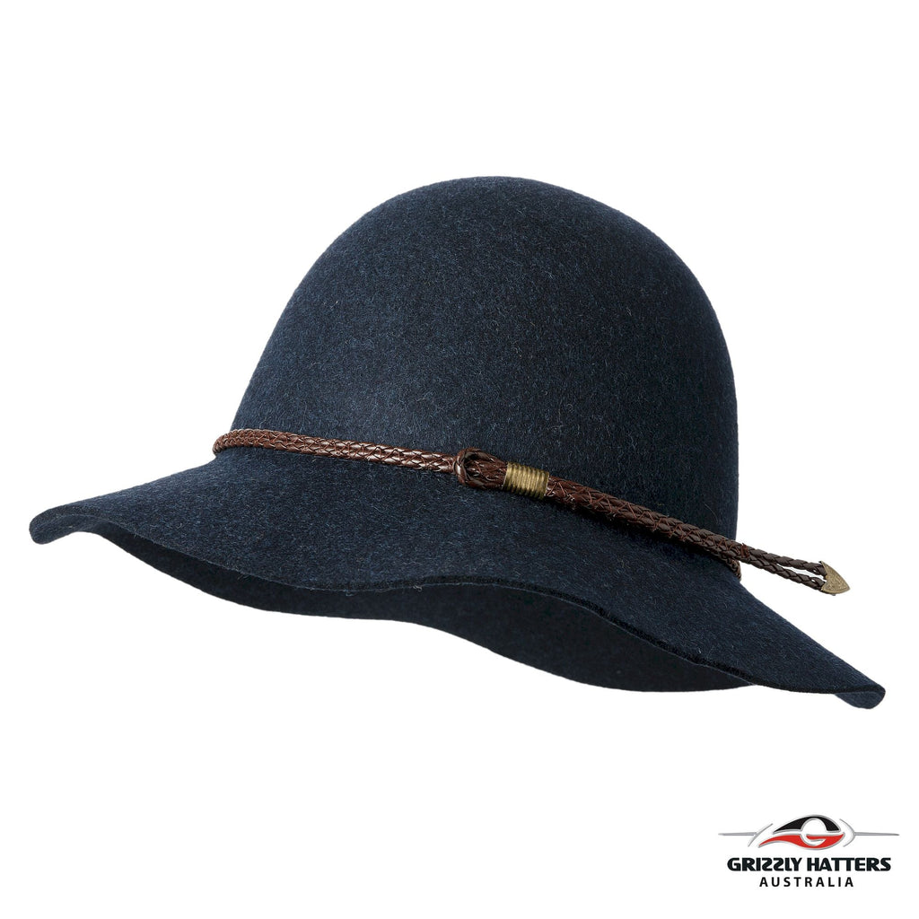 BRUNY HAT Australian merino wool hat in classic medium size brim design. Blue marl color with a choice of brown or black leather braid. One size fits most, adjustable band for sizes from 55 to 59cm. Handmade in Tasmania by Grizzly Hatters (Salamanca Market Hobart) 