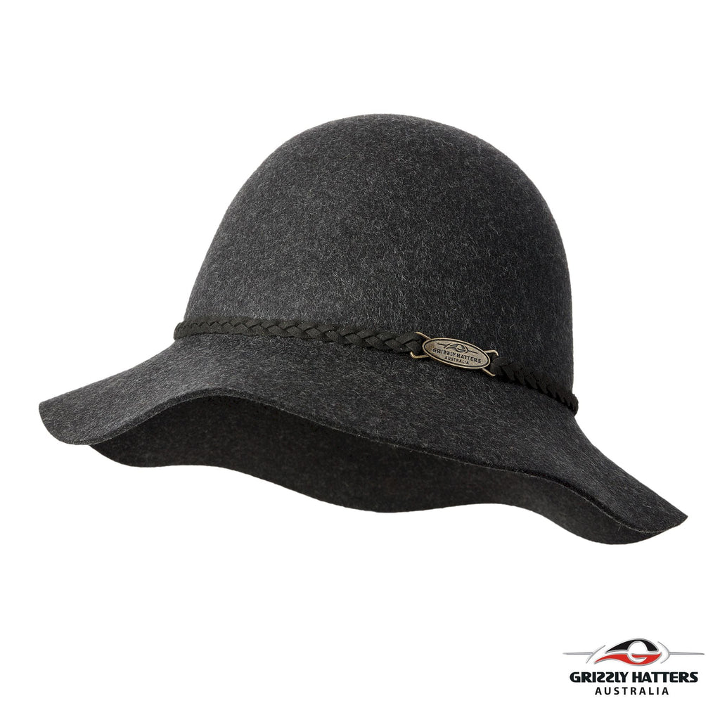 BRUNY HAT Australian merino wool hat in classic medium size brim design. Charcoal marl color with a choice of brown or black leather braid. One size fits most, adjustable band for sizes from 55 to 59cm. Handmade in Tasmania by Grizzly Hatters (Salamanca Market Hobart)