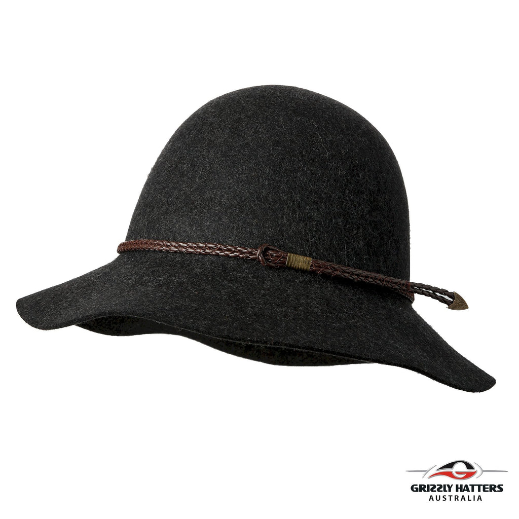 BRUNY HAT Australian merino wool hat in classic medium size brim design. Charcoal marl color with a choice of brown or black leather braid. One size fits most, adjustable band for sizes from 55 to 59cm. Handmade in Tasmania by Grizzly Hatters (Salamanca Market Hobart) 