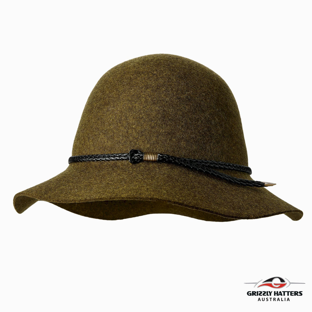 BRUNY HAT Australian merino wool hat in classic medium size brim design. Green marl color with a choice of brown or black leather braid. One size fits most, adjustable band for sizes from 55 to 59cm. Handmade in Tasmania by Grizzly Hatters (Salamanca Market Hobart) 