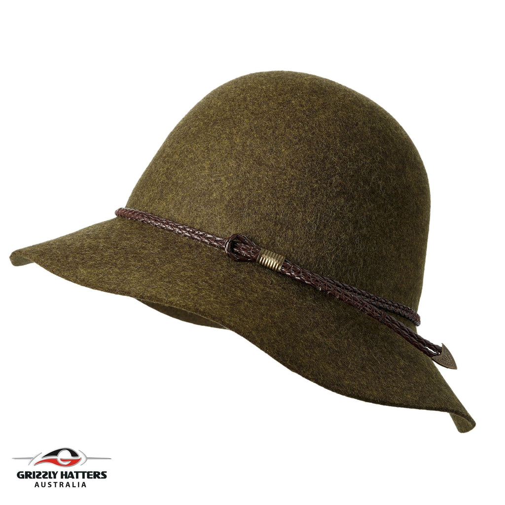 BRUNY HAT Australian merino wool hat in classic medium size brim design. Green marl color with a choice of brown or black leather braid. One size fits most, adjustable band for sizes from 55 to 59cm. Handmade in Tasmania by Grizzly Hatters (Salamanca Market Hobart) 