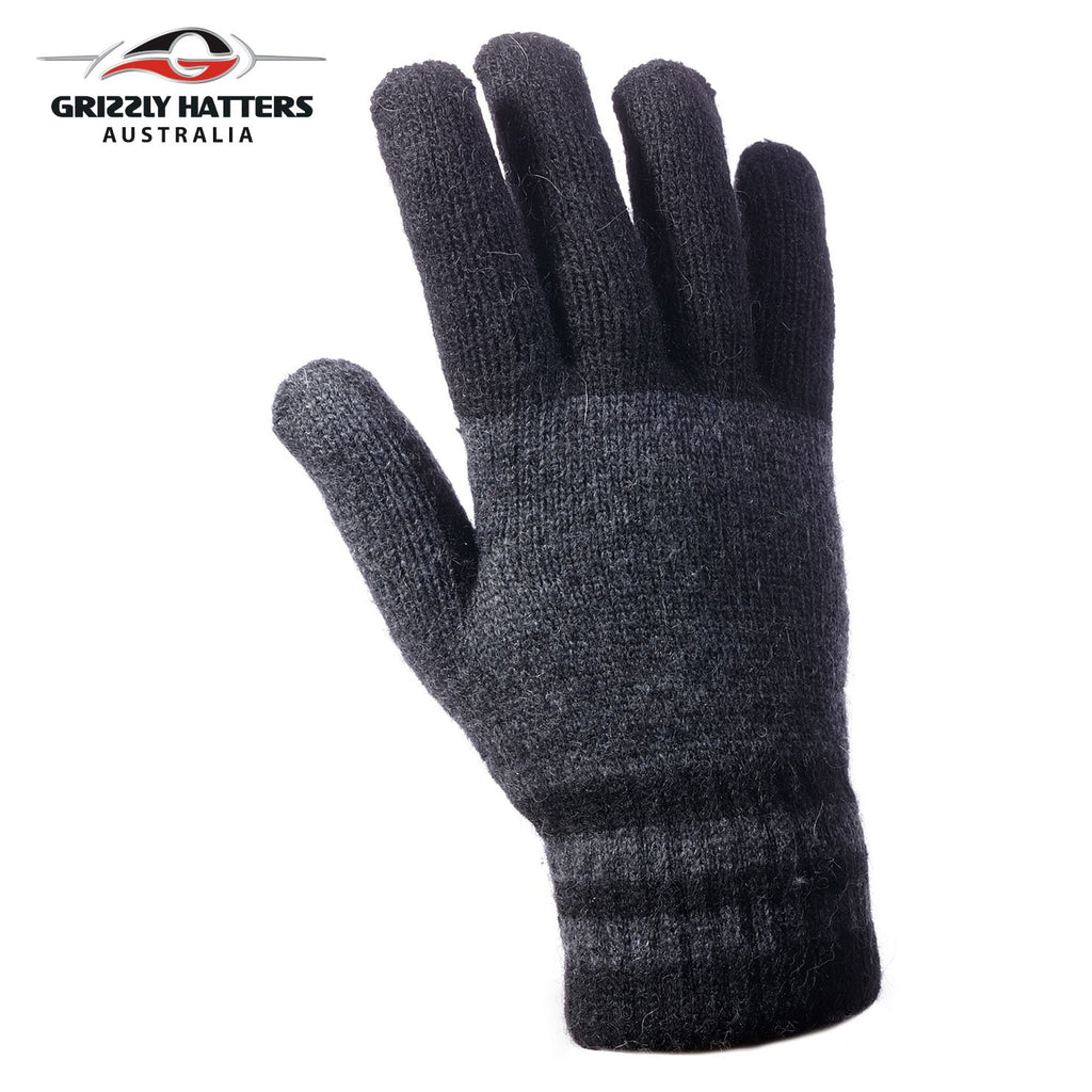 Mens angora wool gloves with extra lining one size fits most grey /black colour stripes 