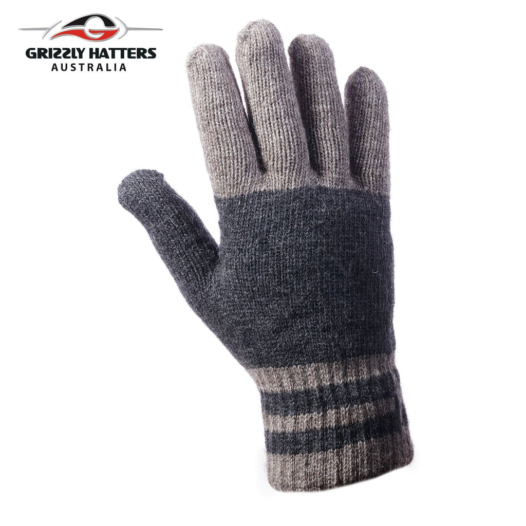 Mens angora wool gloves with extra lining one size fits most grey / tan colour stripes 