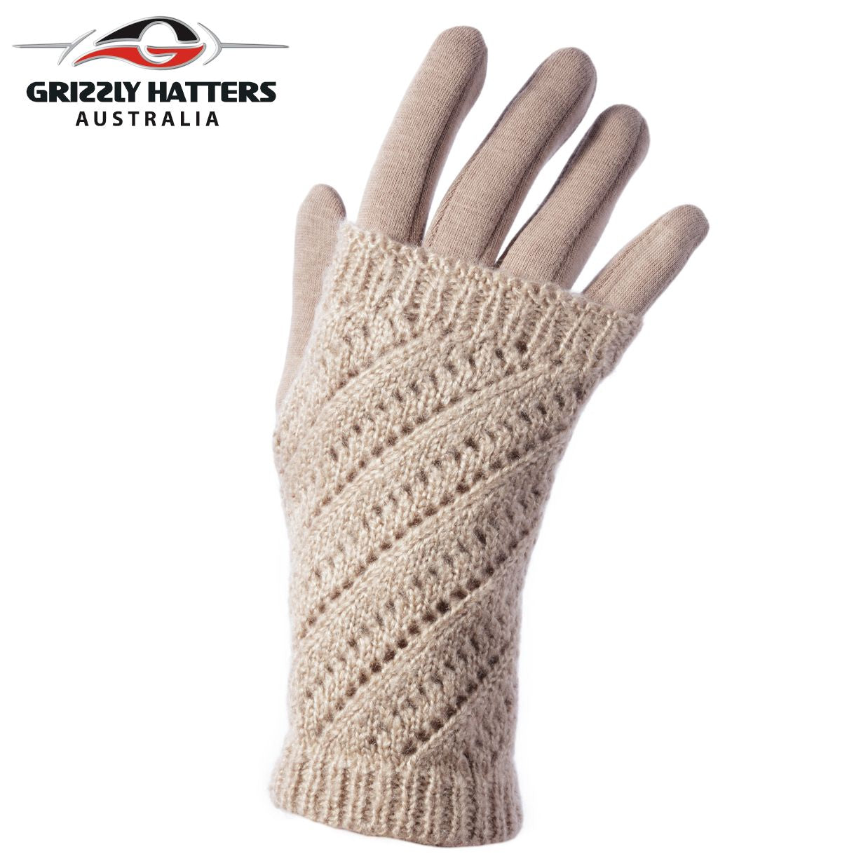 Two-in-one design warm winter gloves in beige colour  with fleece lining; glove with mitten design; designed by Grizzly Hatters Australia Tasmania Salamanca Market