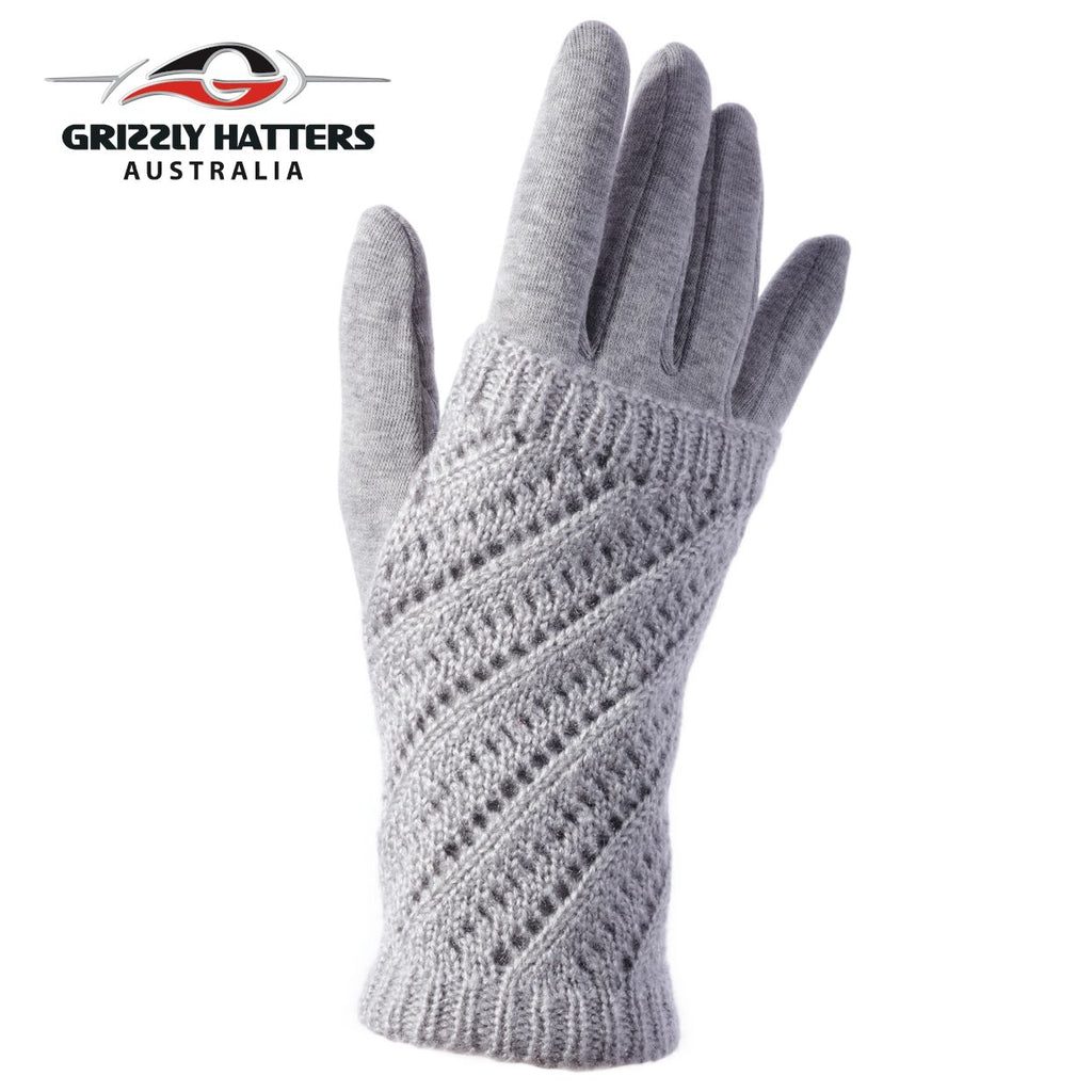 Two-in-one design warm winter gloves in light grey colour  with fleece lining; glove with mitten design; designed by Grizzly Hatters Australia Tasmania Salamanca Market