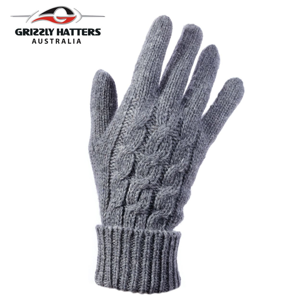 Ladies merino wool gloves cable knit design dark grey colour designed Grizzly Hatters