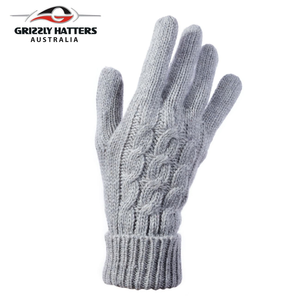 Ladies merino wool gloves cable knit design light grey colour designed Grizzly Hatters