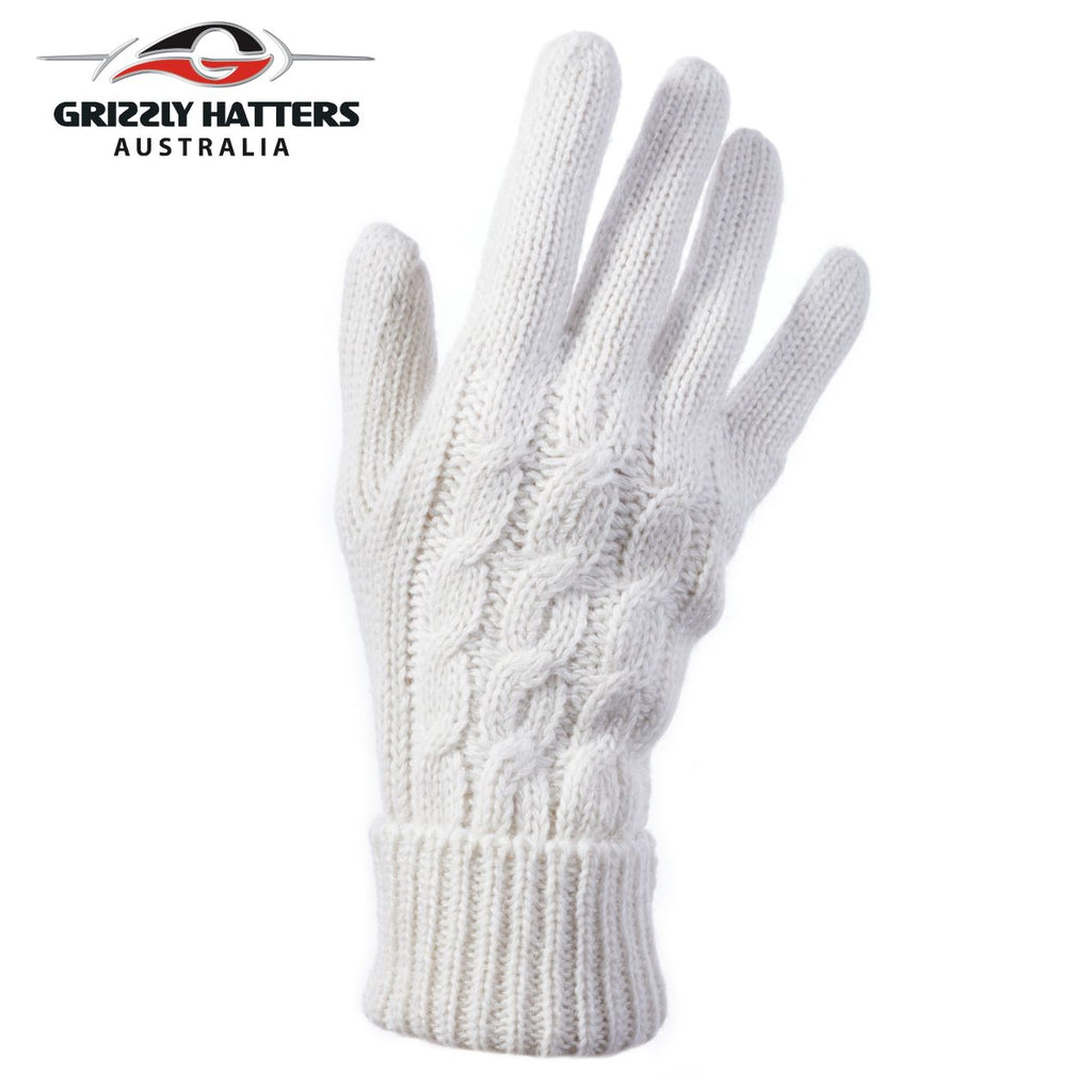 Ladies merino wool gloves cable knit design white colour designed Grizzly Hatters