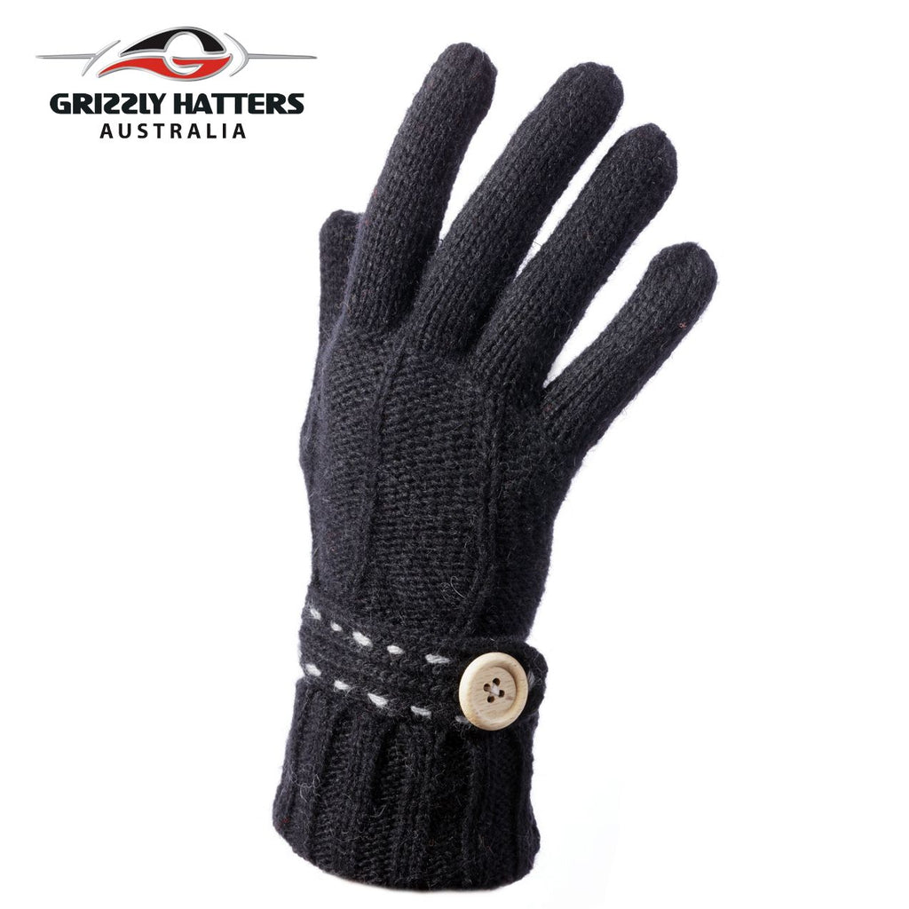 Merino wool gloves button design black colour by Grizzly Hatters