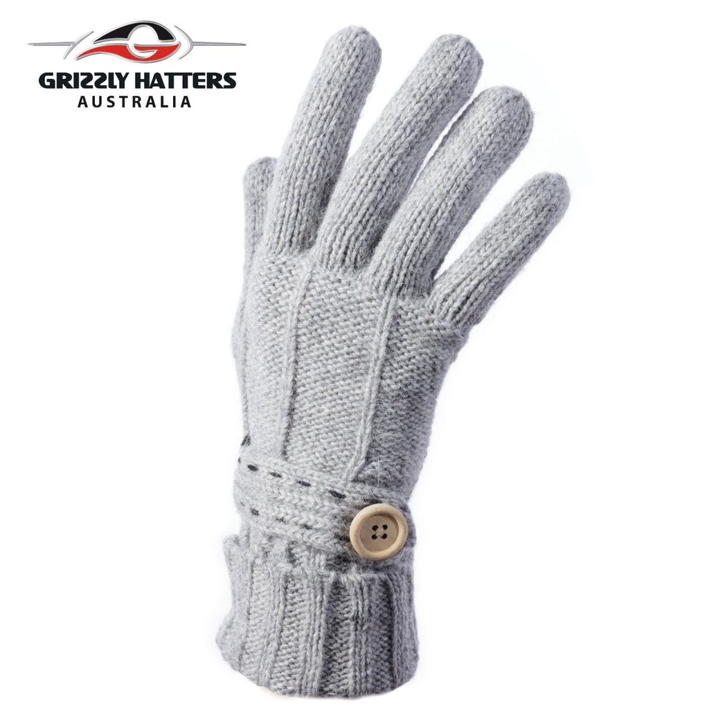Merino wool gloves button design light grey colour by Grizzly Hatters