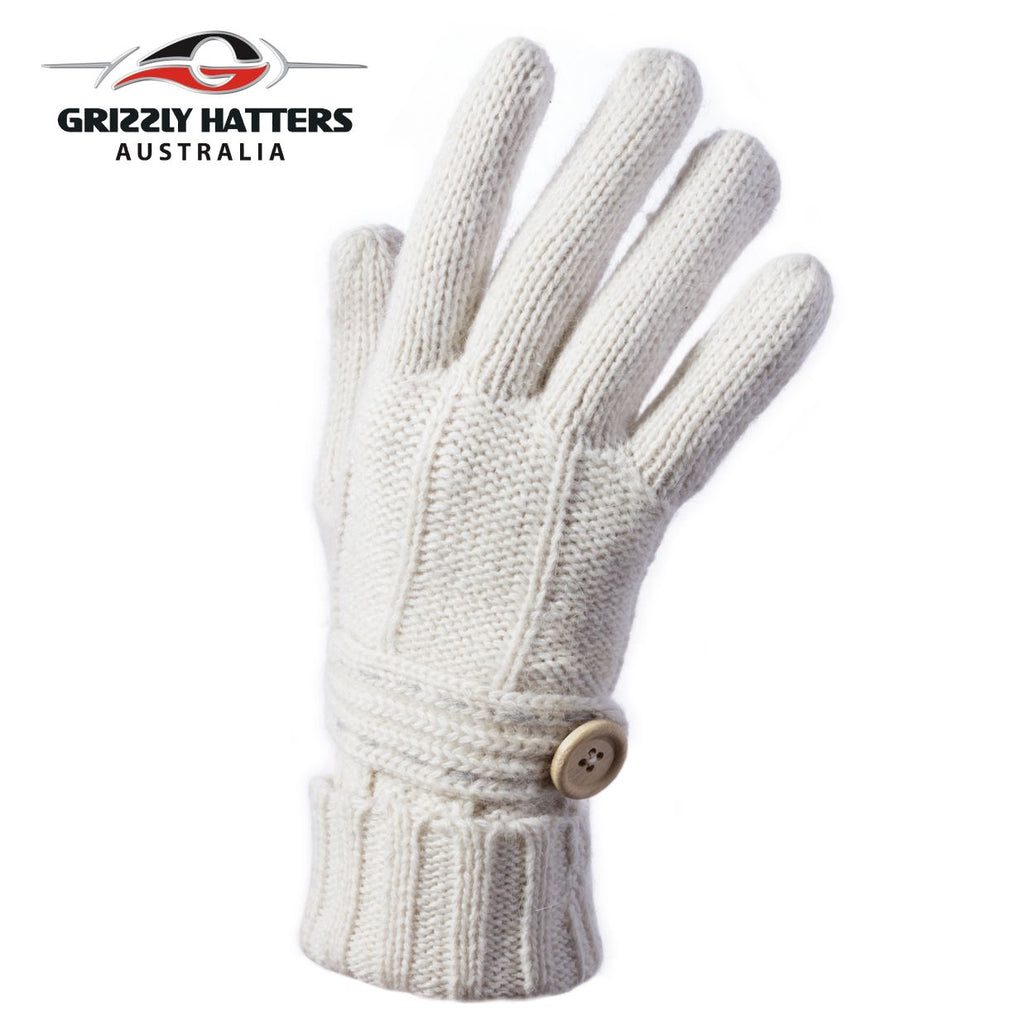 Merino wool gloves button design white colour by Grizzly Hatters