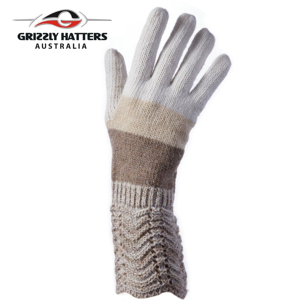 ladies wool gloves beige colour stripes by Grizzly Hatters Australia