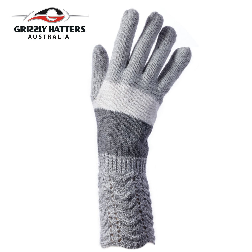 ladies wool gloves light grey colour stripes by Grizzly Hatters Australia