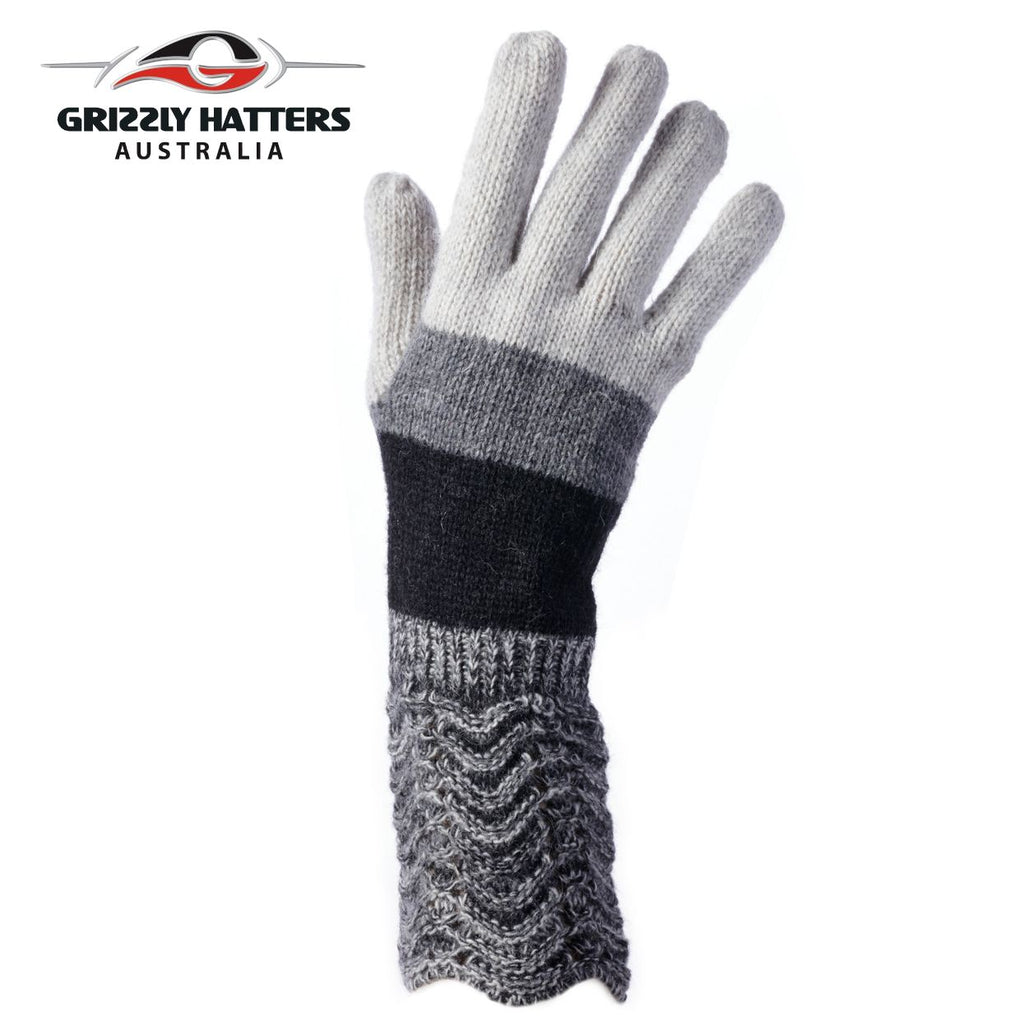 ladies wool gloves dark grey colour stripes by Grizzly Hatters Australia